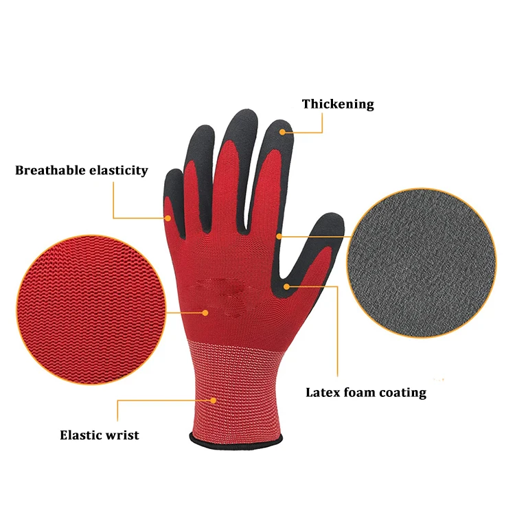 Factory Price 13 Gauge Red Black Polyester Cotton Latex Palm Coated Gloves For Garden Construction