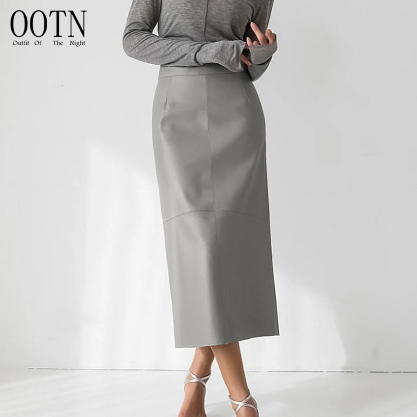 OOTN Winter 2023 Office Ladies Thicken Warm Skirts New Autumn Female High Waist Pu Skirts Slit Faux Leather Skirts