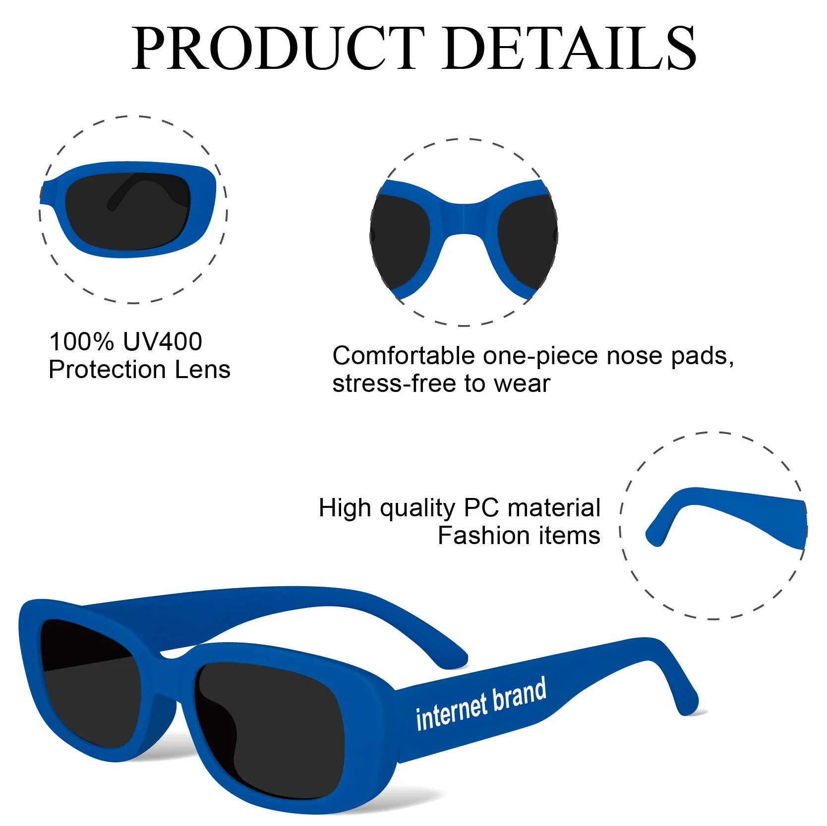 Personalized square sunglasses for Internet company true color UV400 lens sunglasses with comfortable one-piece nose pads