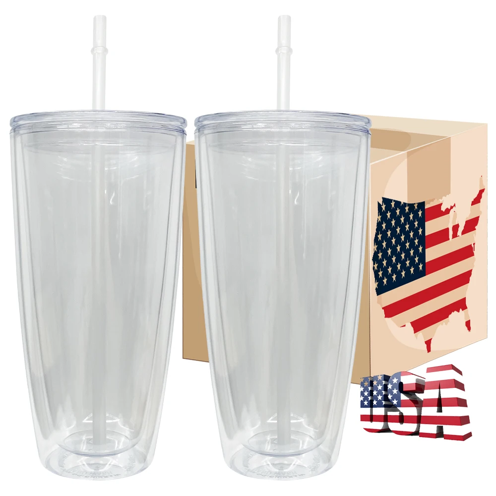 USA warehouse double walled clear snow globe glitter acrylic 25oz cups with lid and straw for snow globe and UV DTF wraps