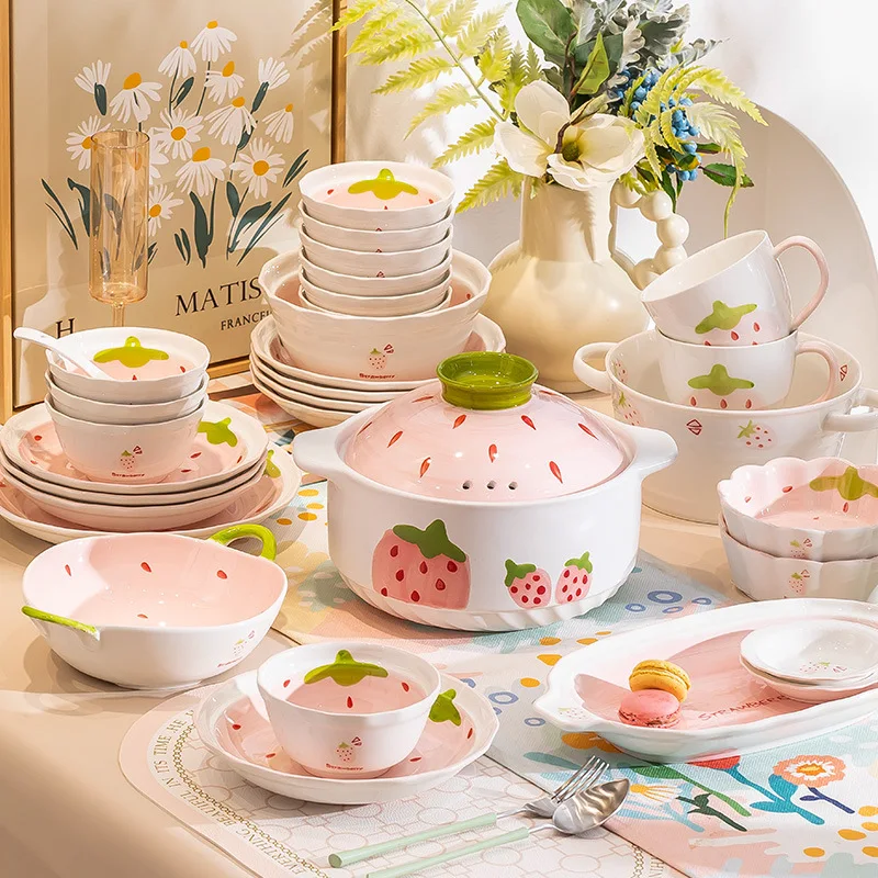 Pink Cute Strawberry Bowl And Dish Set Restaurant Full Set Beautiful Gift Box Ceramic Tableware