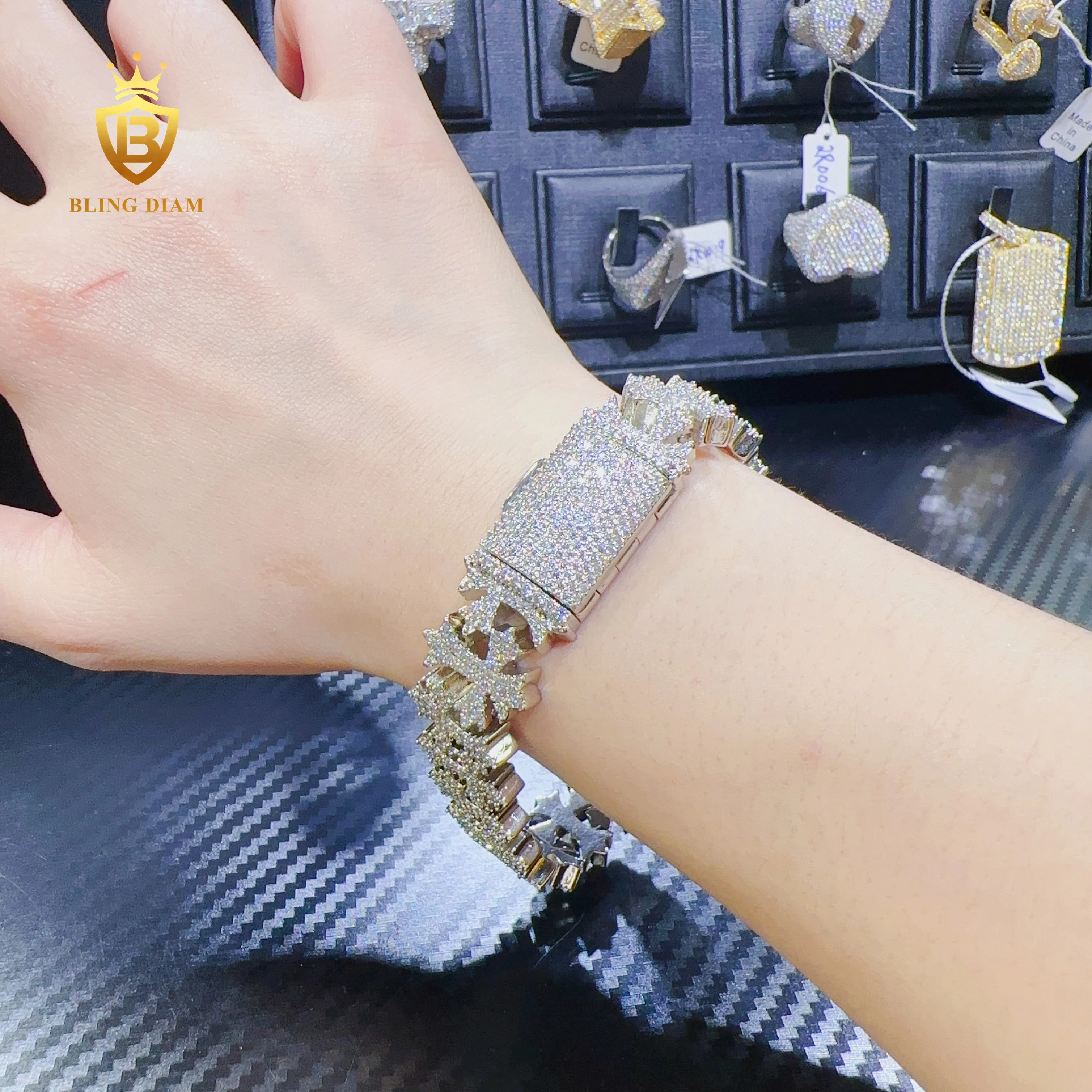 Blingdiam Jewelry Custom hip hop 16mm VVS Moissanite Bangle Fashion Cross Design Bracelet for men women