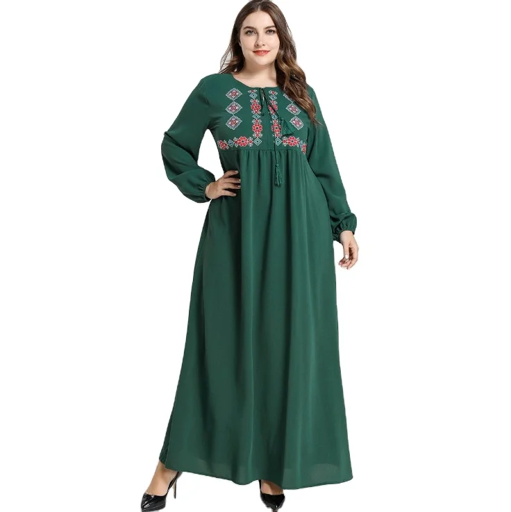 New fashion Muslim dark green lady embroidered long skirts with loose sleeves