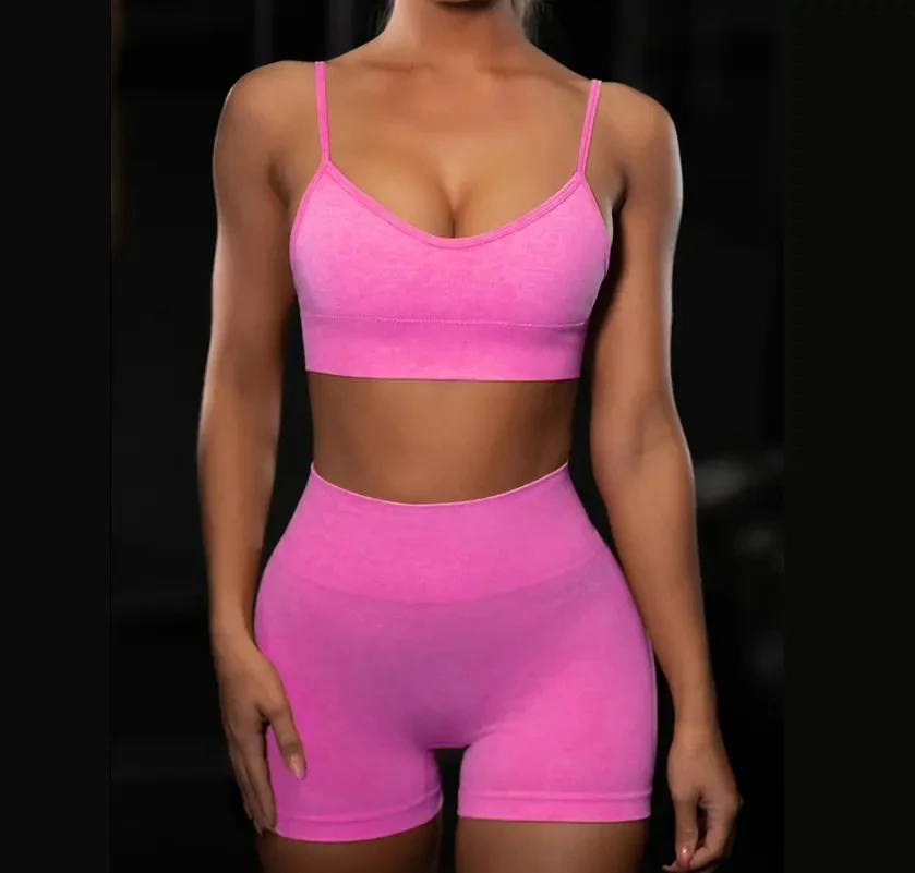 Wholesale 2 Pcs Sport Yoga Short Set Fitness Clothing Wear Seamless Hemp Sport Bra Gym Sportswear Running Leggings Women Set