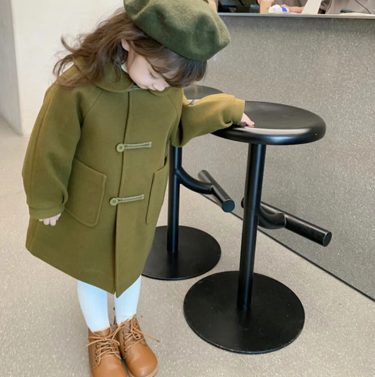 Girls Cute Green Girls Coat Winter Cotton Double breasted 2-pocket Children Clothes Outerwear