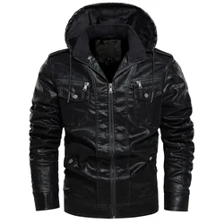 OEM Custom Service Wholesale Winter Stand Collar Hooded Brushed Men Outdoor Casual PU leather Biker Jacket