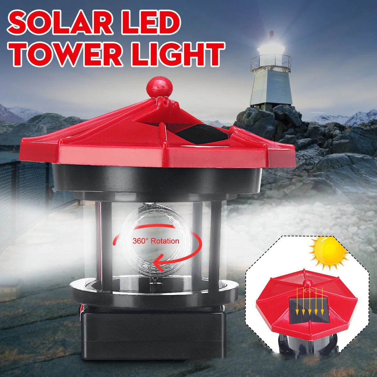  Mediterranean Home decoration solar led tower light ocean lighthouse garden rotating