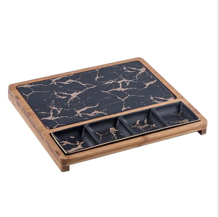 Hotel classic compartment snack dipping serving dishes , marble ceramic dish plate for food serving