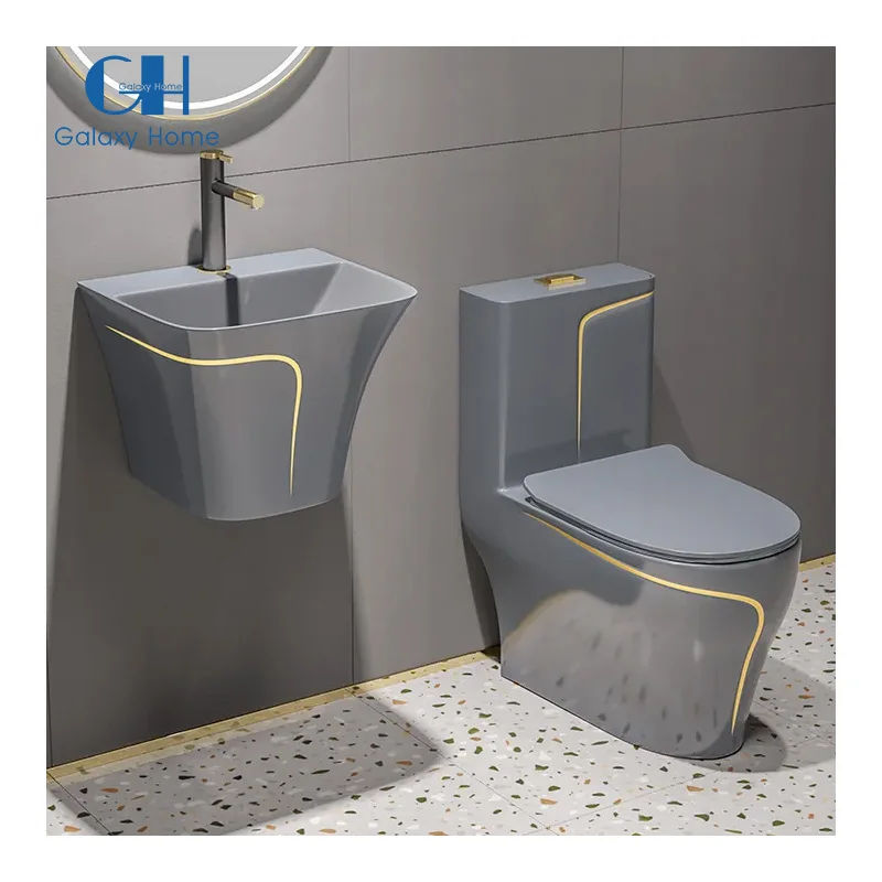 Modern Style Easy To Clean Glazed Wall Hung Basin And Matte Grey Colored Toilet Bowl Ceramic Water Closet Toilet Set