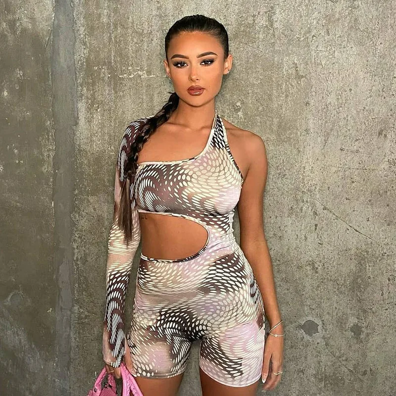 2022 Sports Fashion Printed Irregular Halter Bodysuit Long Sleeve Jumpsuit Off Shoulder Jumpsuit For Women