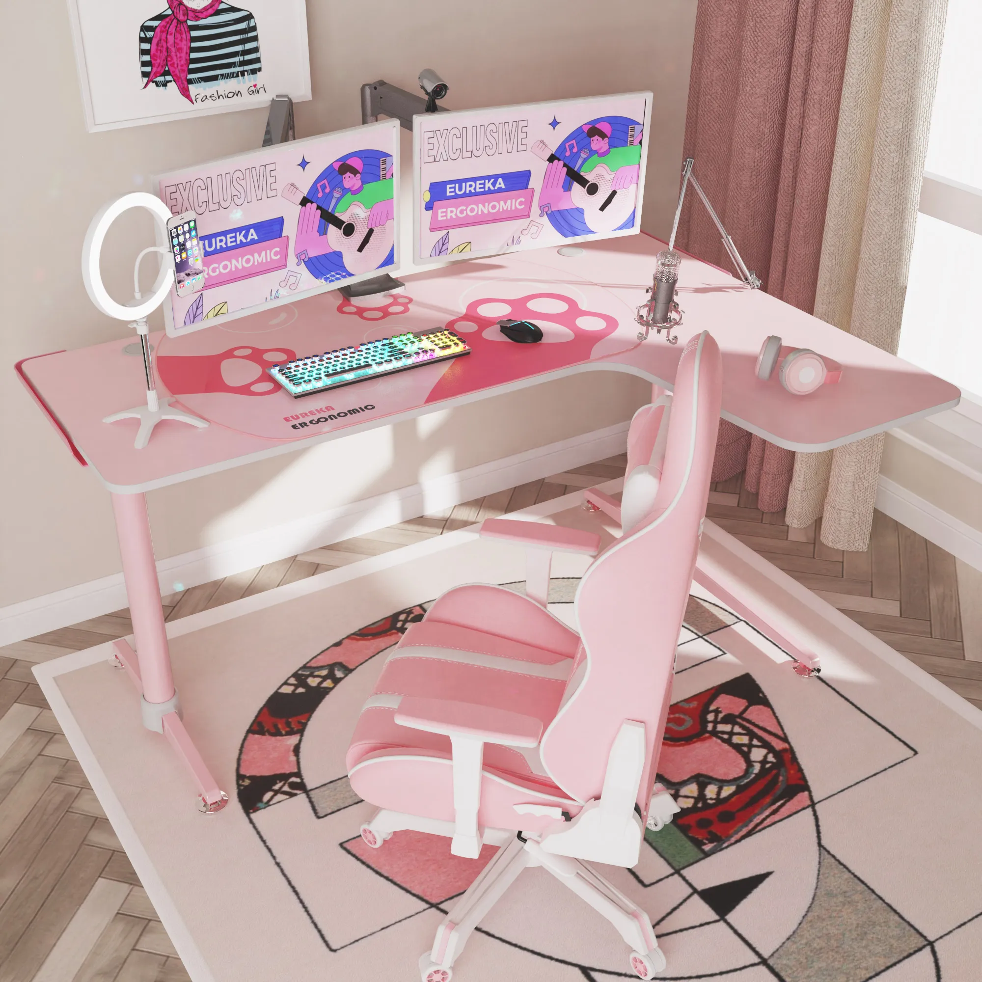 Pink Computer Desktop Computer Large L shape Pink Computer Desk Gaming Desk For home