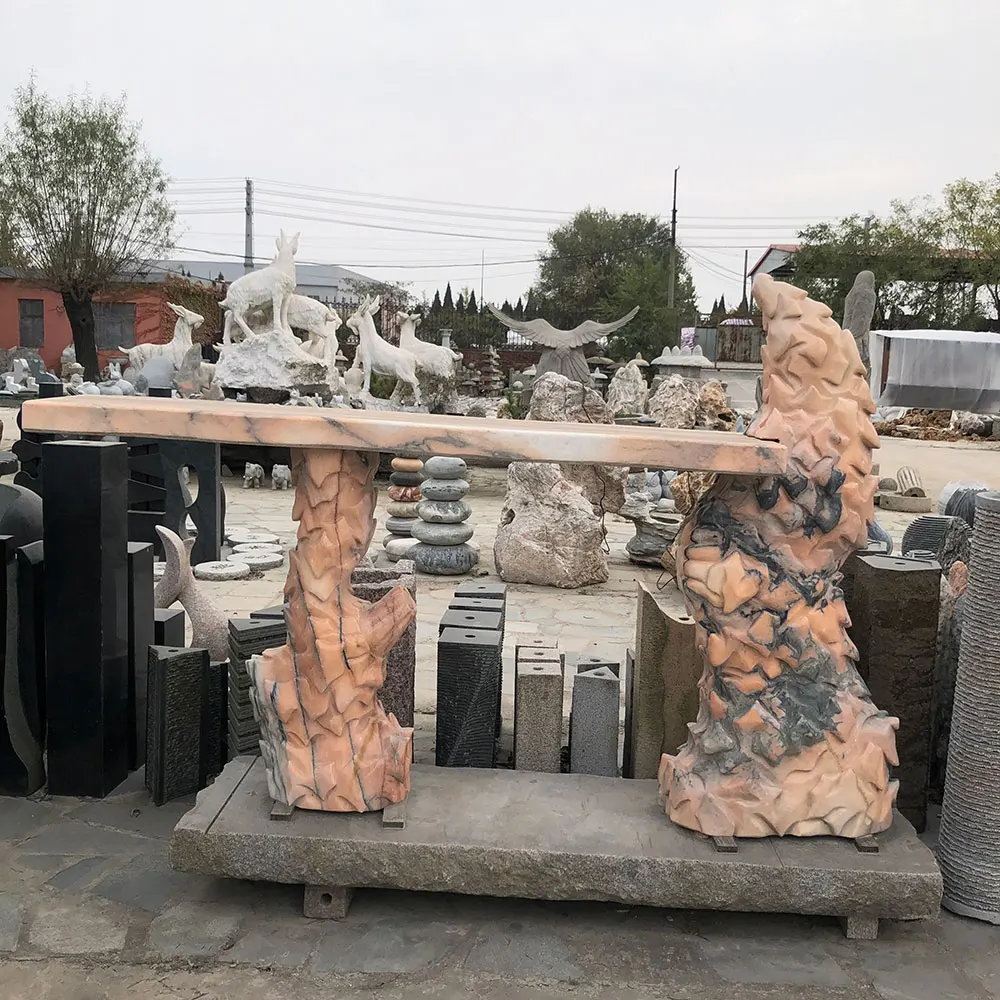 Natural stone rock pink marble table and bench sets for outdoor garden