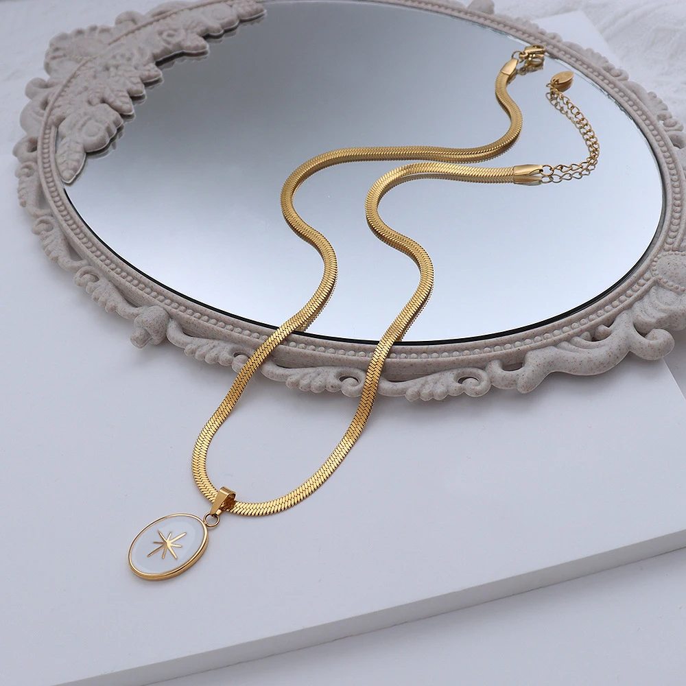 French Drip Oil Pendant Flat Snake Chain Octagonal Star Necklace, 18K Gold Plated Pendant Collarbone Snake Chain Necklace