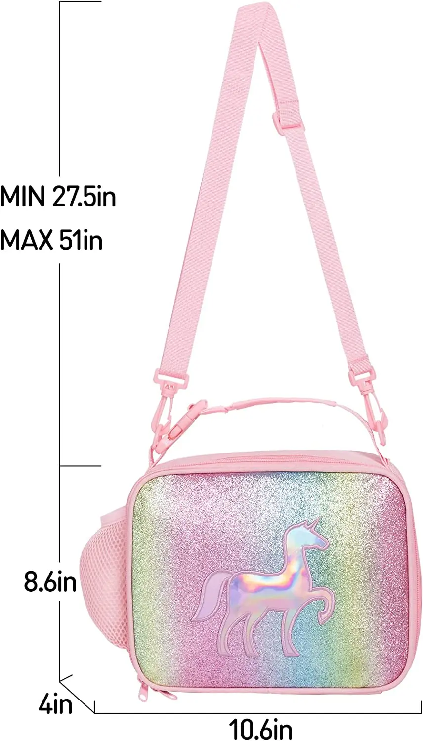 Kids Rainbow Lunch Box Girls Insulated Lunch Bag with Shoulder Strap Pocket Cooler Thermal Meal Lunch Tote Bag for School