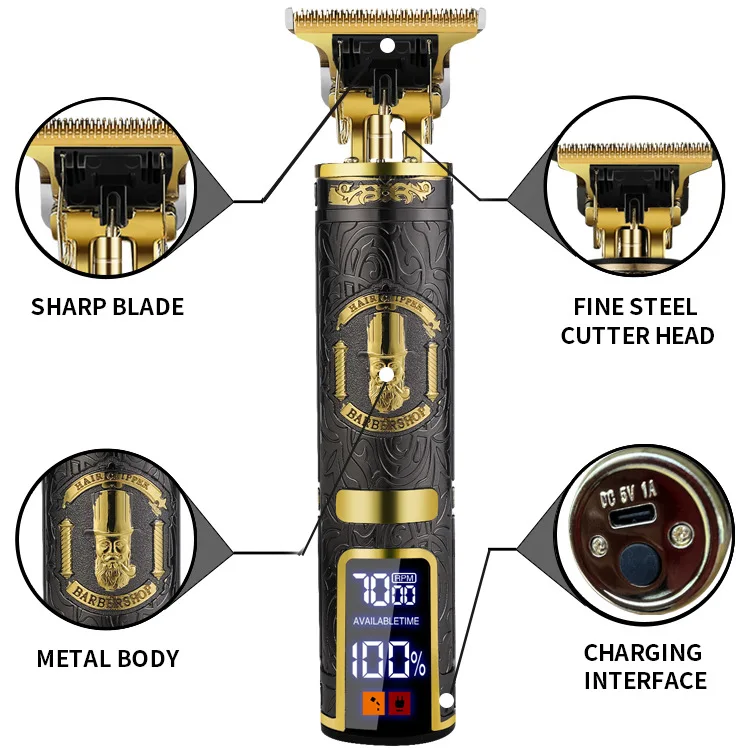 Retro Zero Gapped Rechargeable Cordless Electric Trimmers Set Professional LCD Hair Clippers