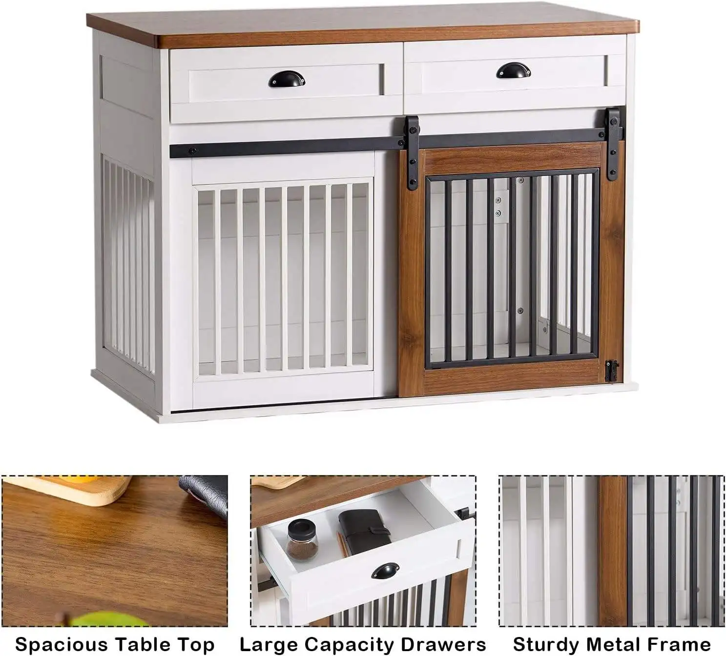 Dog Crate Furniture Kennel with Double Doors Wooden Pet House with 2 Drawers and Storage Cabinet Indoor Dog Cage Farmhouse