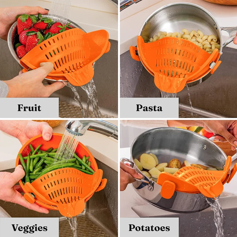 Kitchen Gadgets Clip On Strainer Silicone for Pots Pans Filter Colander Pasta Strainer Food Strainer for Meat Vegetables Fruit