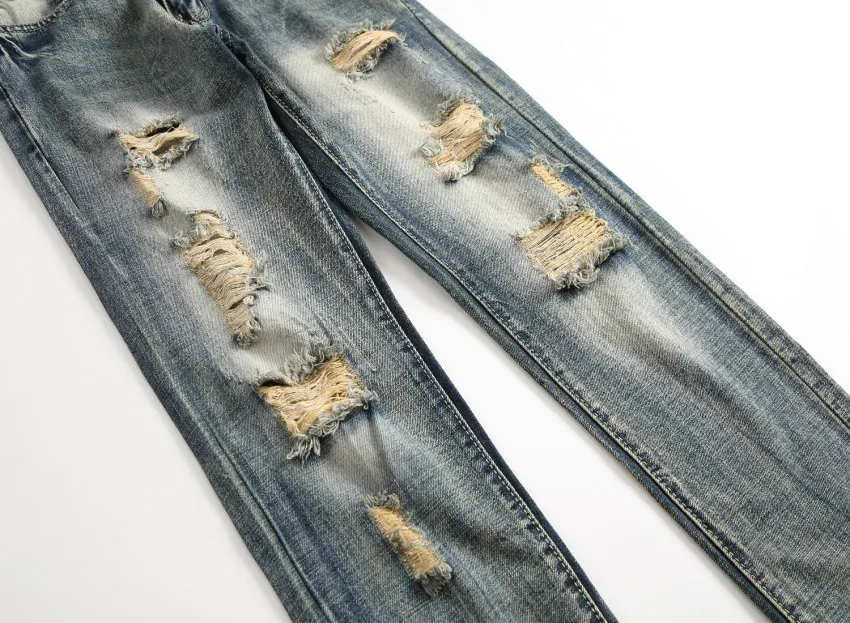 
European High Street Motorcycle Biker Jeans Men Hip Hop Ripped Holes Slim Jean Pants Y10906 