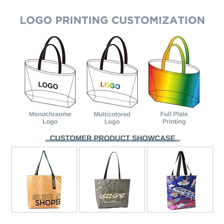 huahao logo Print Cotton Dupont Paper Shopping Waterproof Pocket Zipper Custom Tote Tyvek Bag with Canvas Handle