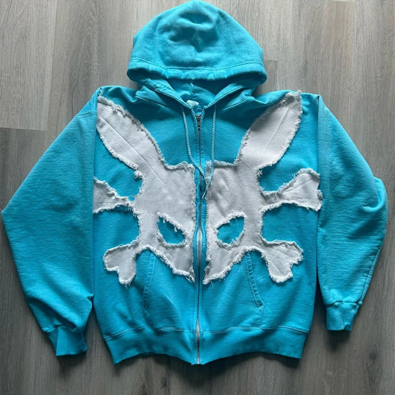 YSJY Custom manufacturer zipper applique stitching heavyweight distressed patch cut and sew patchwork men zip up hoodie