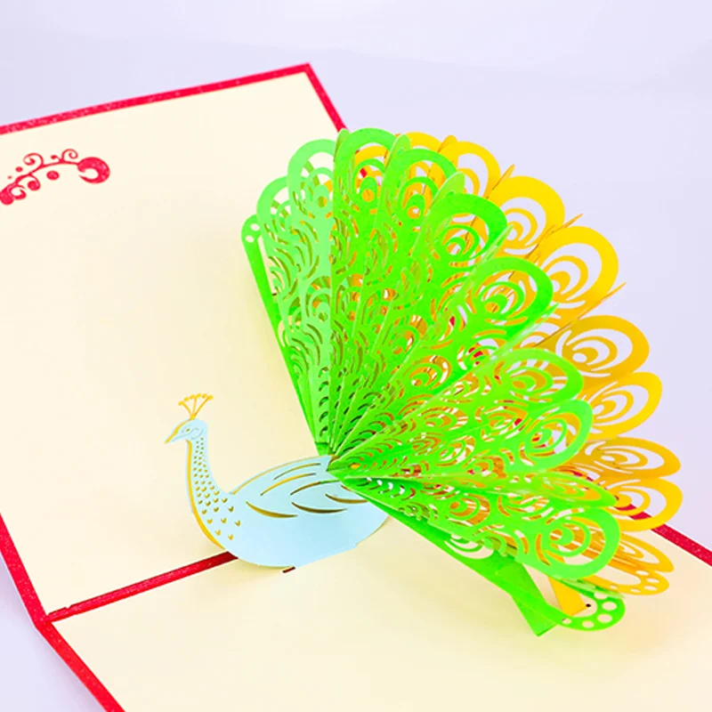 Custom creative fairy handmade paper cut thank you peacock greeting 3d pop up cards for gift