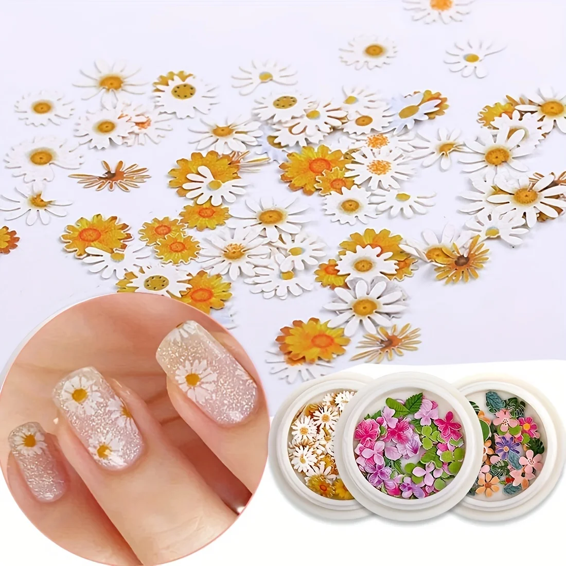 50Pcs 3D Holographic Flower Leaf Nail Stickers Acrylic Sequin Paillettes Sparkle Glitter Nail Art Decoration Simulation Flower