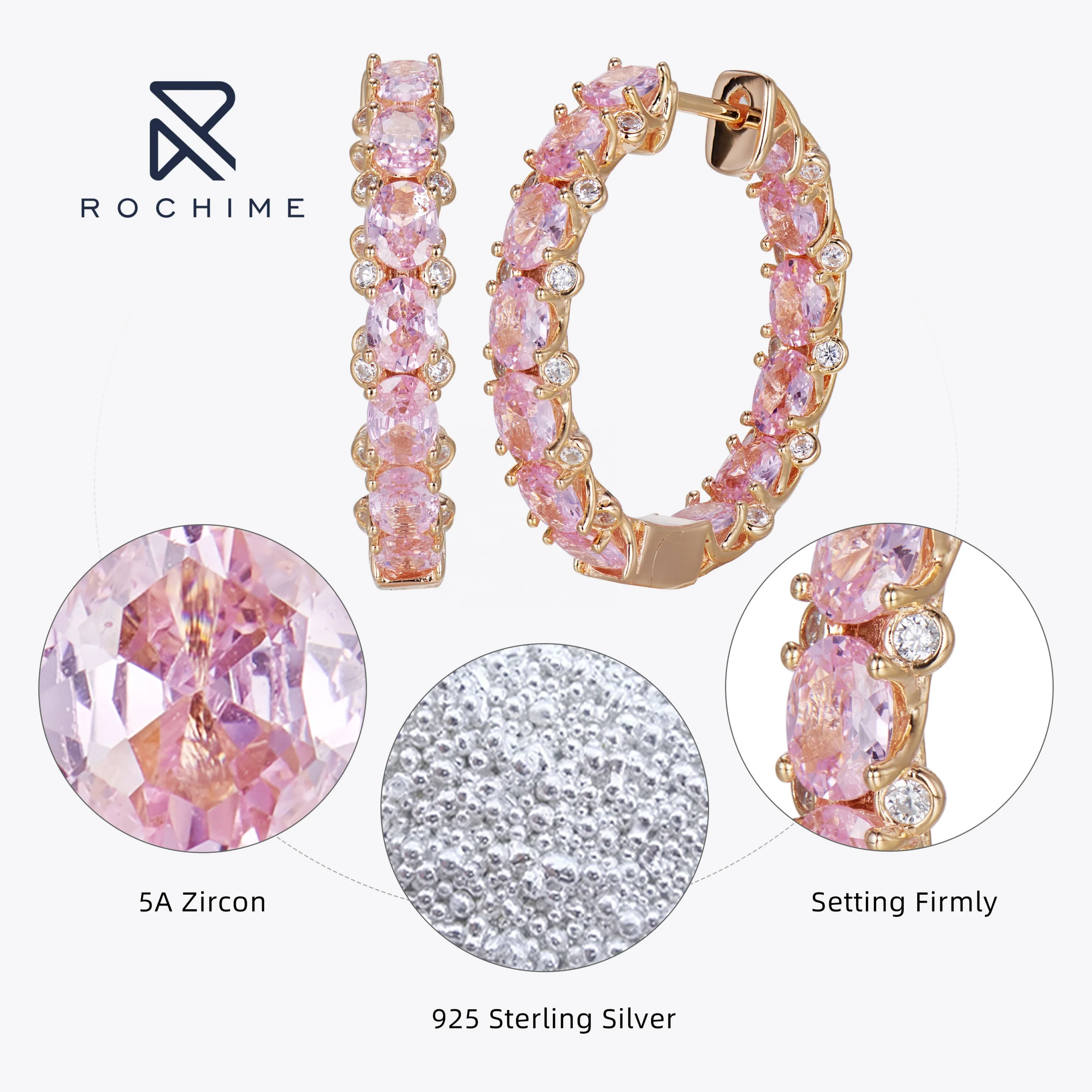 Rochime pink gemstone hoop earrings  925 sterling silver gold plated cubic zirconia jewelry for women