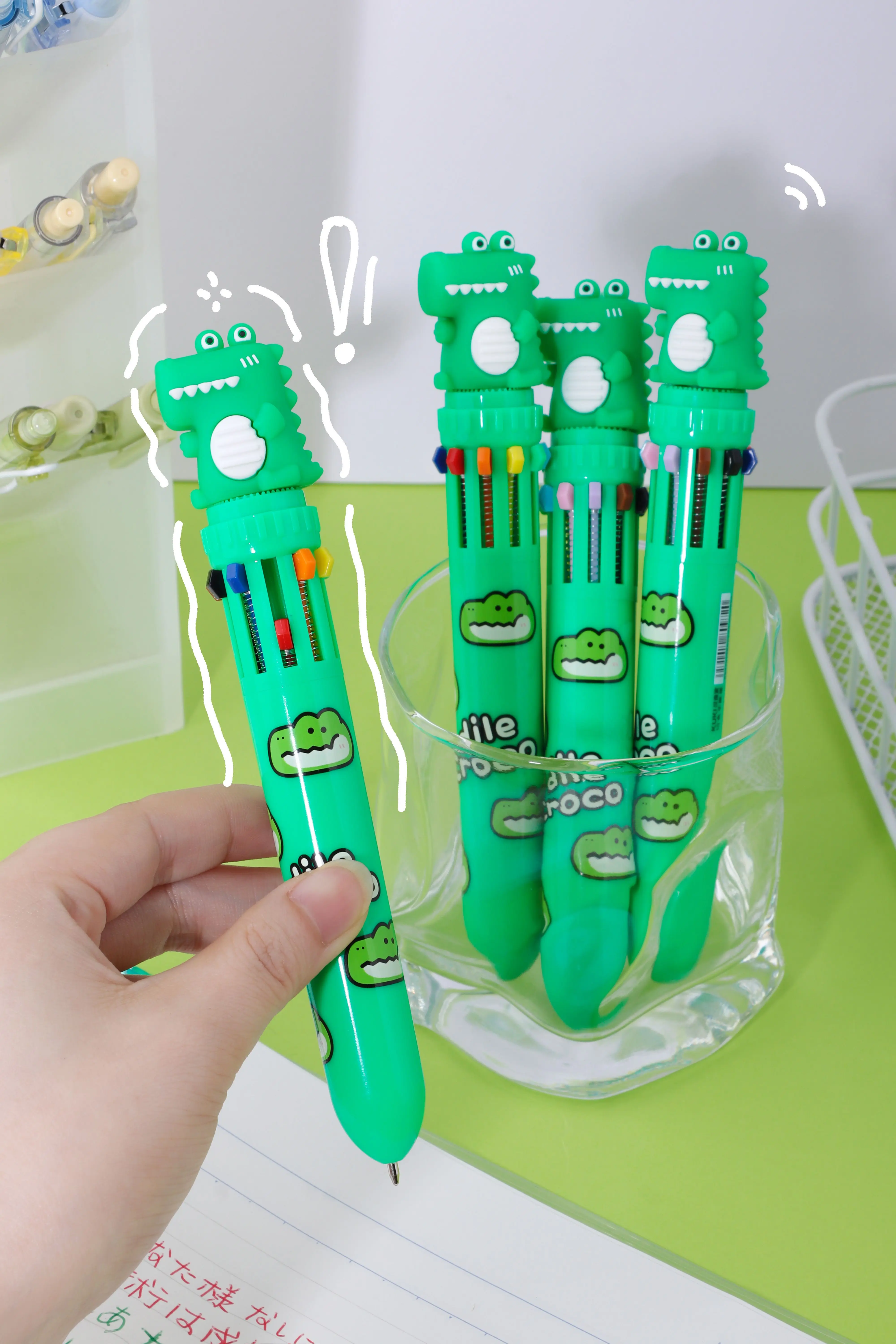 Kids kawaii cartoon green cute crocodile plastic multi 10 color ballpoint pen
