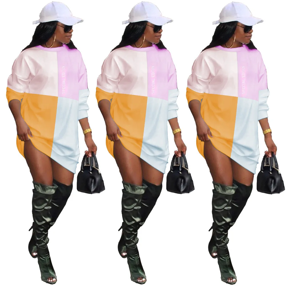 2021 Fashion Color Contrast Long Sleeve T Shirt Dresses Women Casual Dress