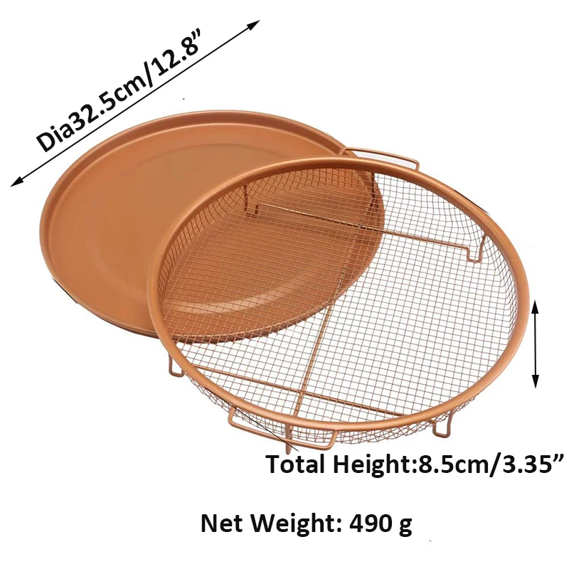 2 Pcs Round Copper Crisper Tray Basket, Air Fryer Crisping Basket, Chip Fryer Basket And Cookie Baking Tray