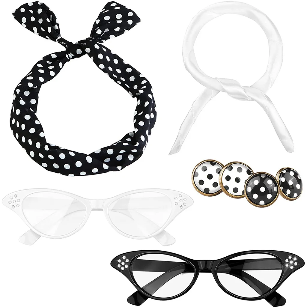 1950s party accessories  White wave nod with Silk  scarf Polka Dot earrings  Pointed Angle cat-eye glasses  six-piece set