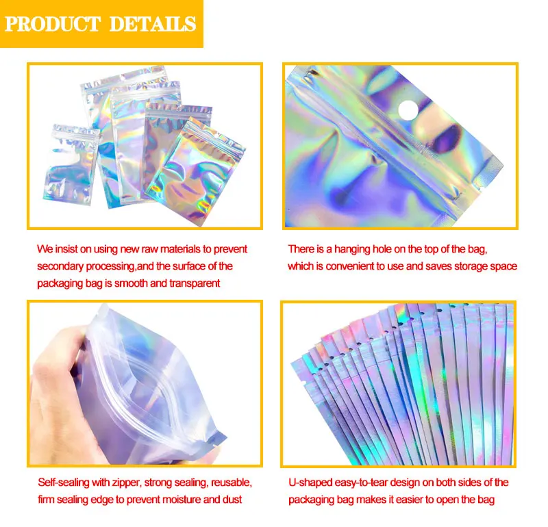 One Side Transparent Holographic Ziplock Packaging Small Zipper Lock Mylar Hologram Bags