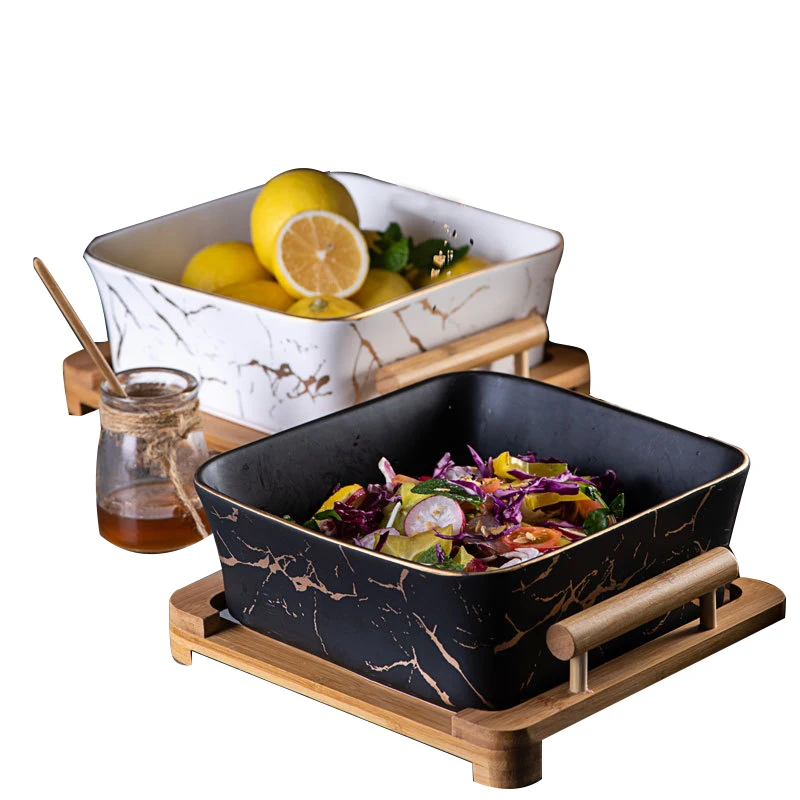Northern European Snack Bowl Marble Pattern Black Square Ceramic Fruit Salad Bowl With Wood Stand Tableware Fruit Snack Plate