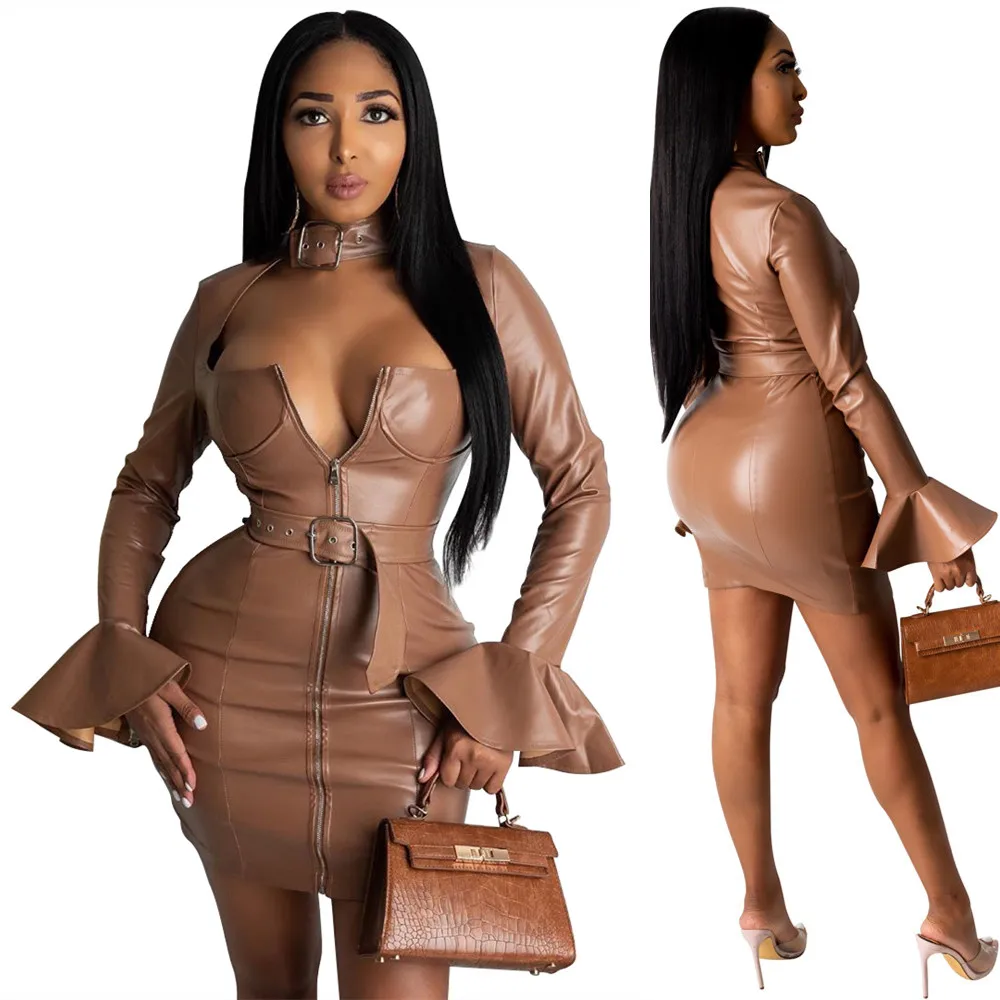 
Long Flare Sleeve Brown Pu Leather Dress With Belt For Women 