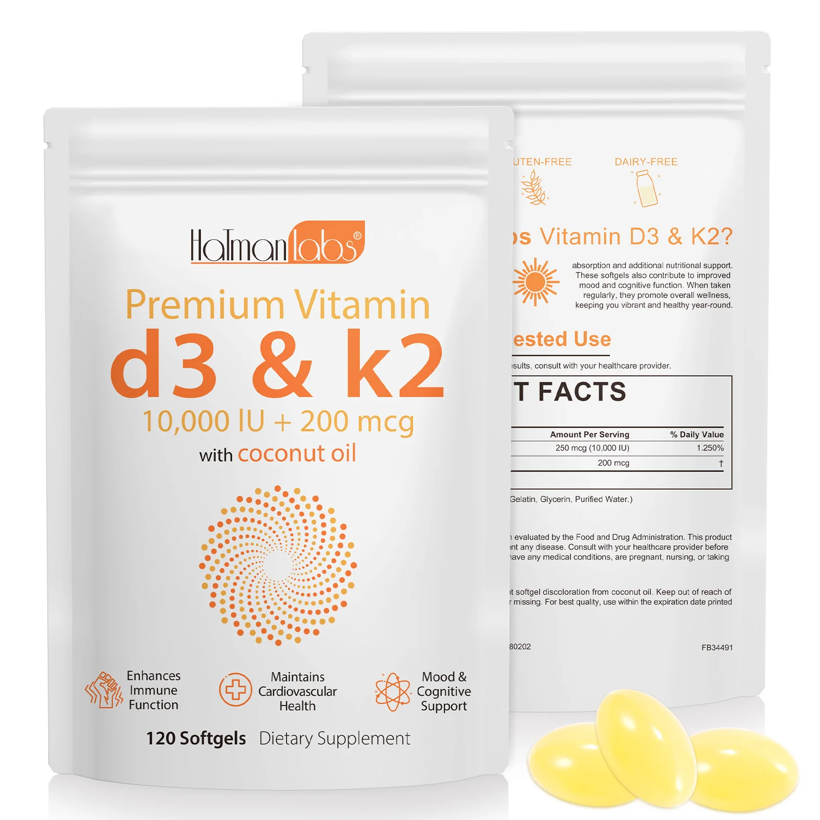 Hatmanlabs enhances immune function coconut oil vitamin d3 k2 softgels capsules supplement vitamin d3 k2 softgel