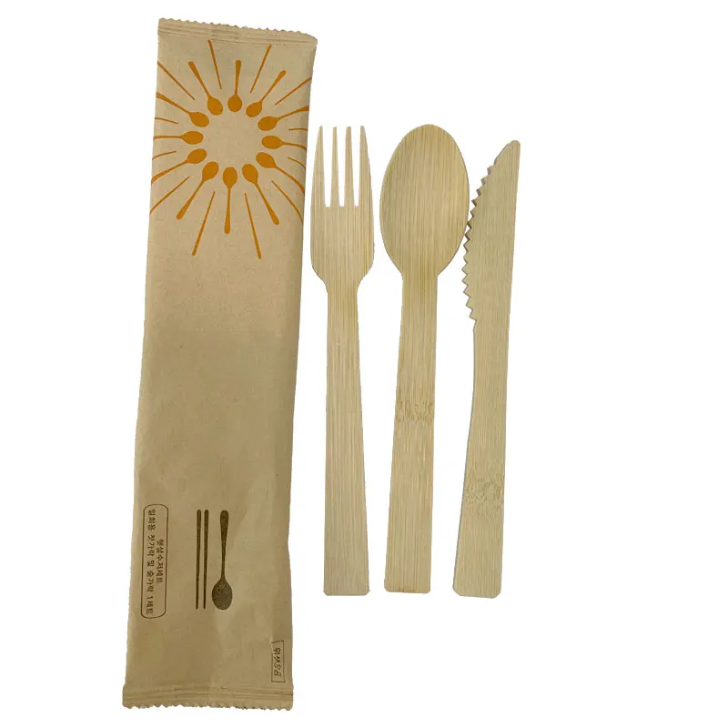 100%  Ecological Disposable Natural Bamboo Organic Travel Cutlery Knife Fork Set