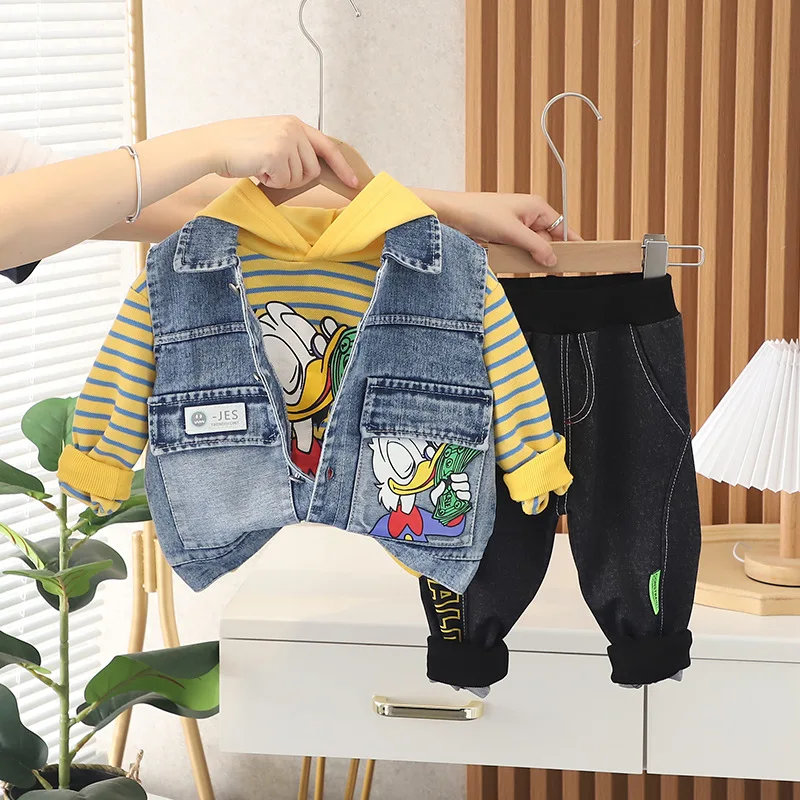 Одежда для маленьких мальчиков джинсовая куртка с буквами алфавита; Принт со свитером капюшоном детская одежда закрывающие животик одноцветные штаны осенняя девочек комплект из 3