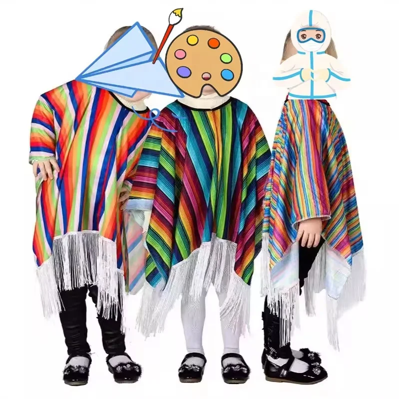 Mexican Carnival Party Cinco De Mayo Traditional Serape Mexican Poncho for Kids