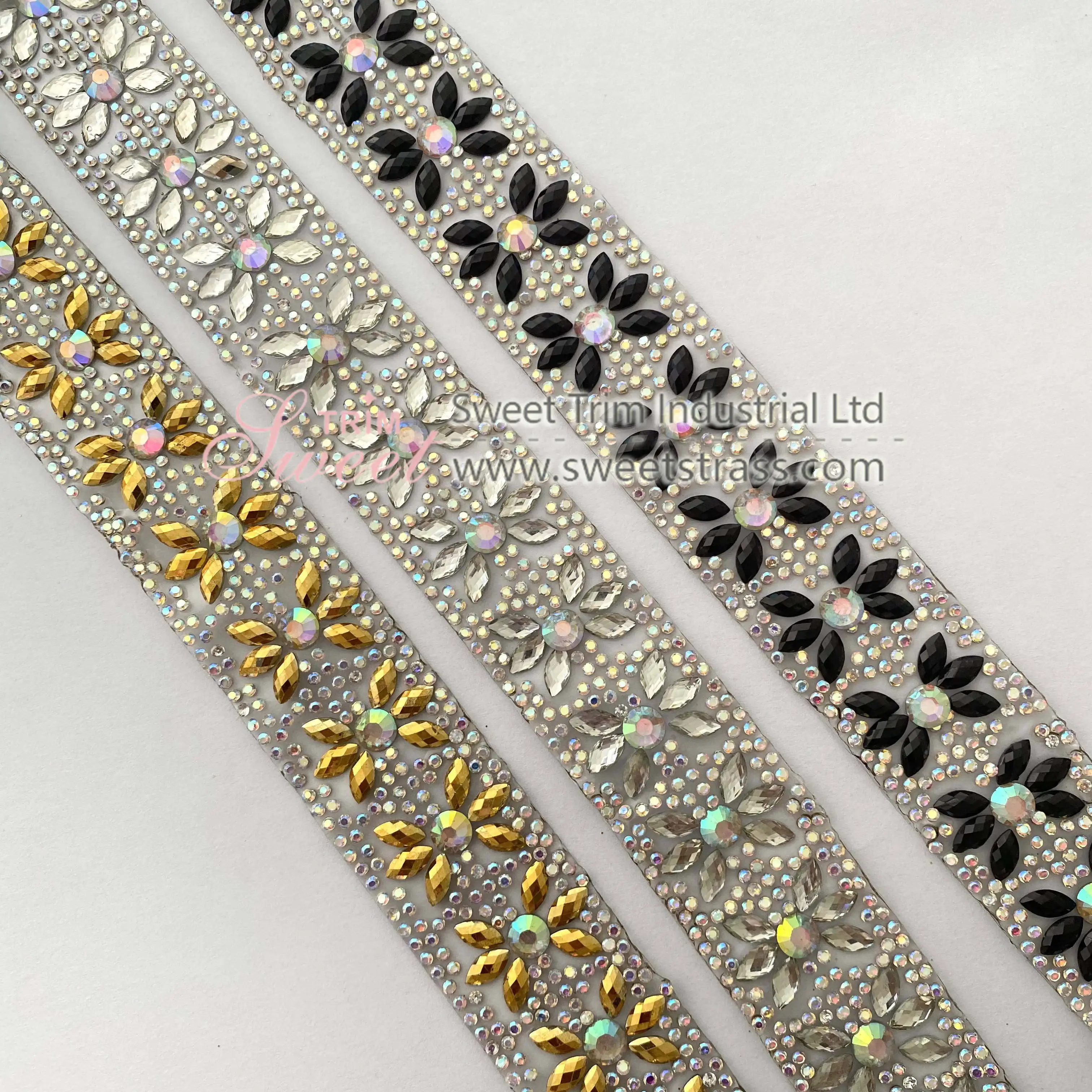 Luxurious Colorful Rhinestone Applique Trim  Ribbon Hot Fix Crystal Trim Tape for Clothes Fashion Accessories