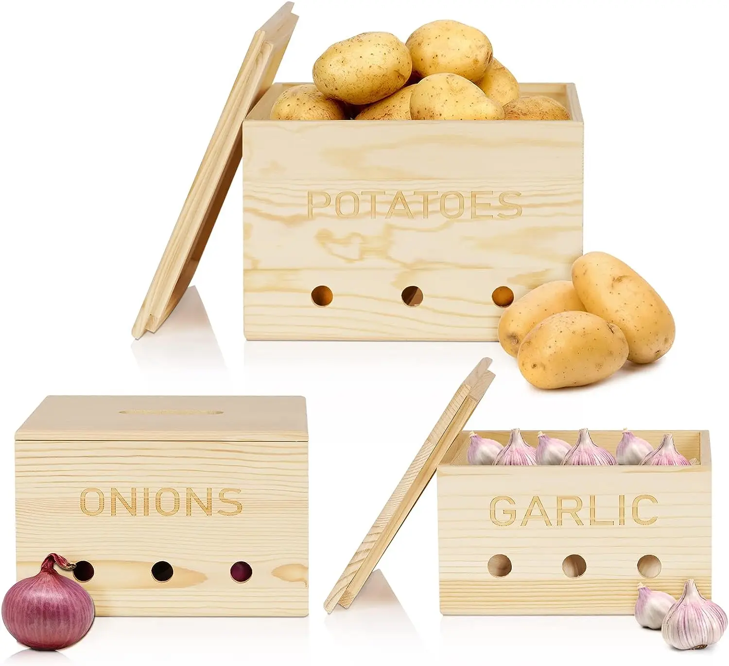 Wood Potato Storage Bin Set of 3 Stackable Onion Storage Organizer Wooden Organizer Box Wholesale for Potato Onion Garlic