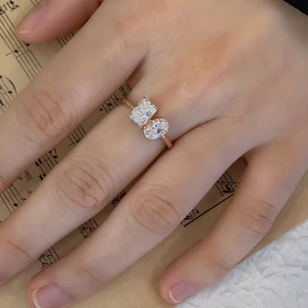 1.58CT Each Oval and Radiant Cut 2 Stones Rings Lab Crated Diamond  Engagement Eternity Ring 14K/18K Gold