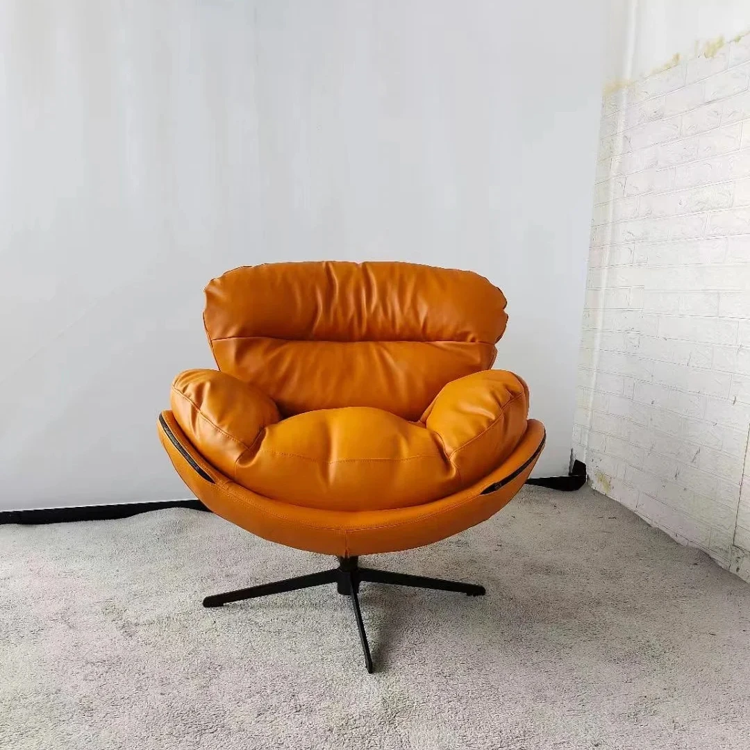 Living Room Office Use Swivel Lounge Chair Vintage Genuine Leather Aviation Egg Chair Retro Style Armchair Swivel Reclining