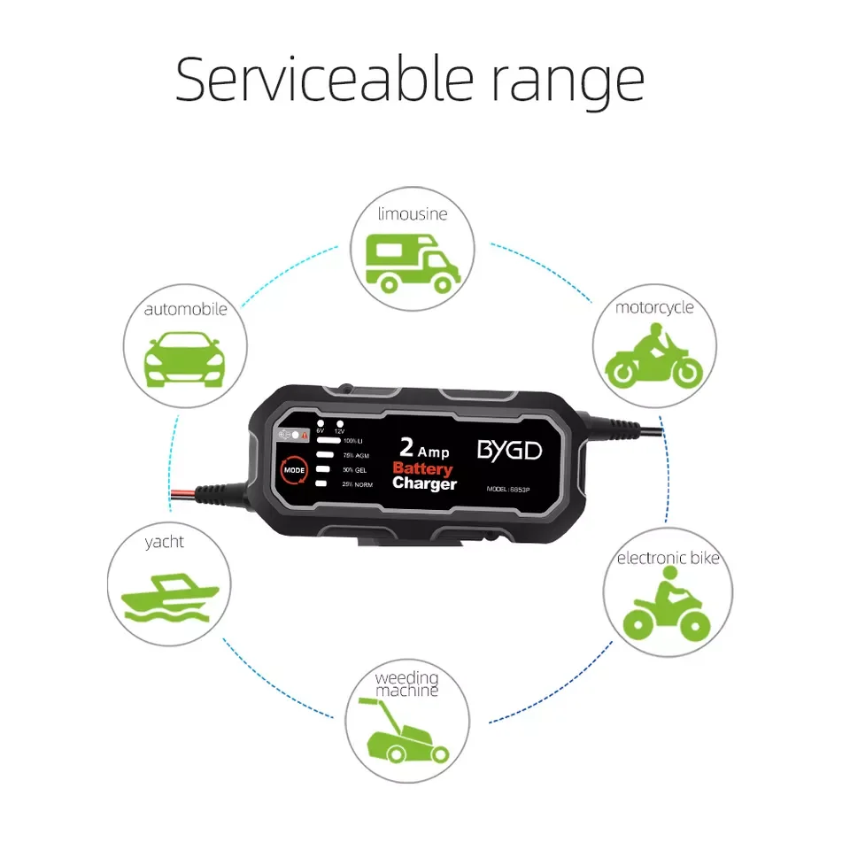 New BYGD The factory Lithium battery charger 12V 2A Universal Automatic lead acid battery charger for motorcycle battery toy car