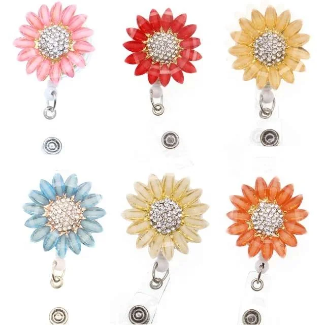 Wholesale Acrylic Rhinestone Sunflower Retractable ID Badge Reel Flower Badge Holder