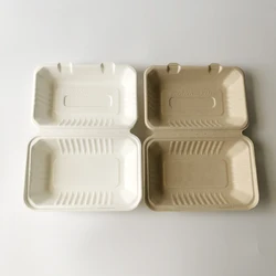 High quality 9*6 1000ml bagasse clamshells food container microwable disposable takeout lunch box