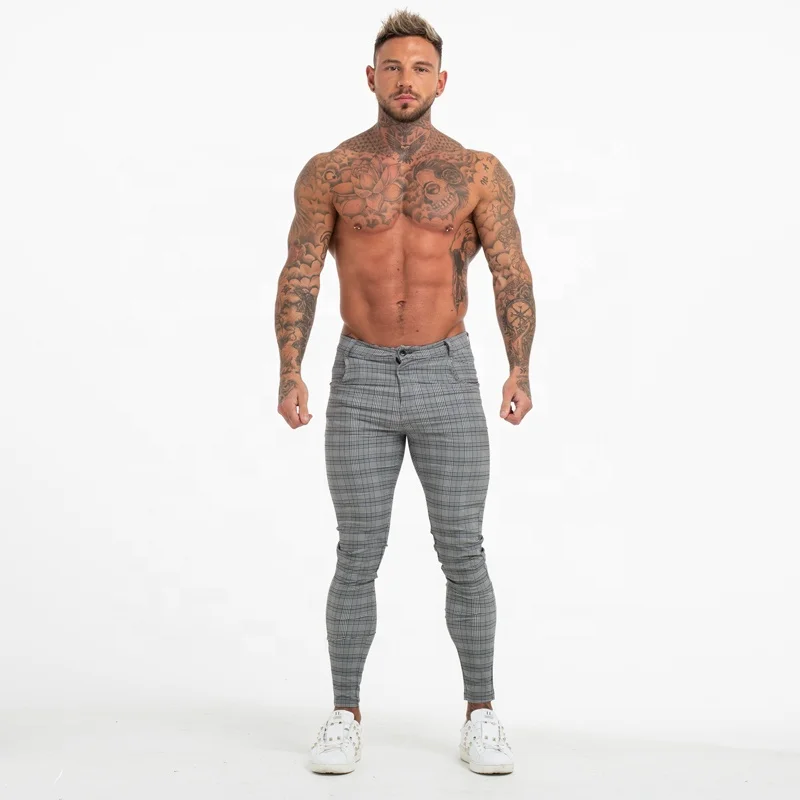 Wholesale New Design Elastic Spandex Casual Tight Ankle Fit Check Grey Mens Trousers Mens Pants