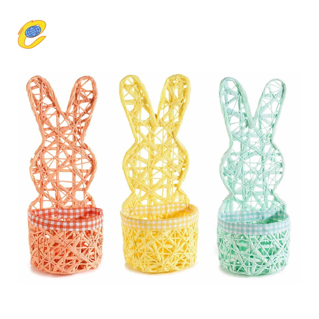 Easter Coloerd rabbit shaped PP Rattan Plastic Grass Woven storage basket candy storage basket with lid gift basket