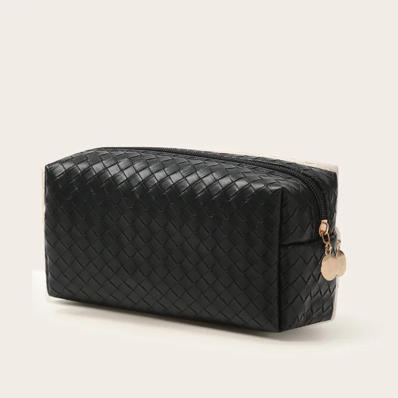 Portable travel PU woven pattern zipper makeup bag brown cosmetic bags