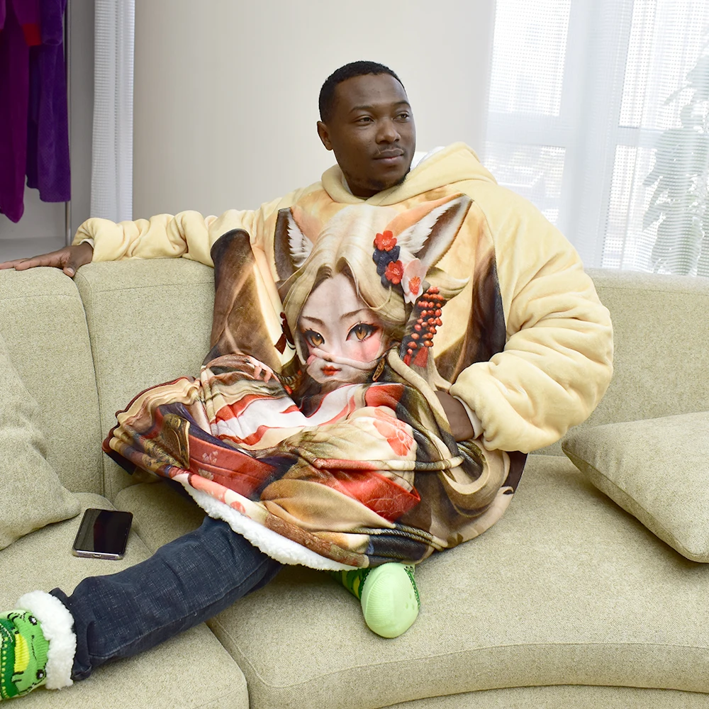 Soft Flannel Panda Wholesale Long Lined Custom Oversized Anime Printed Warmer Fleece Sherpa Wearable Sleeping Hoodie Blanket