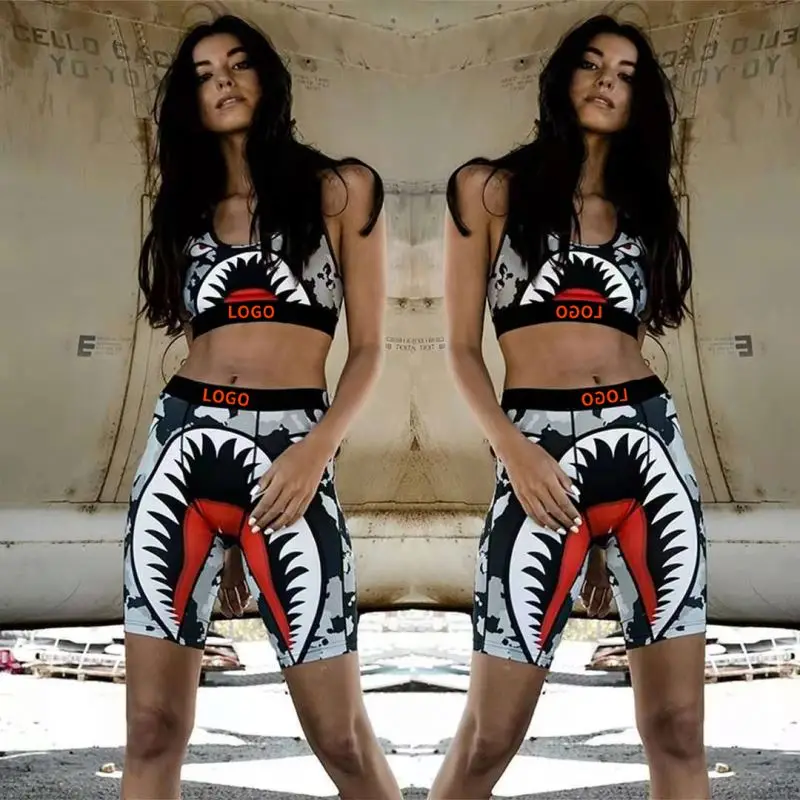 Wholesale Womens Clothing Printed Sports Wear Bra Set Waistcoat Sleeveless Sport Two Pcs Sets Women